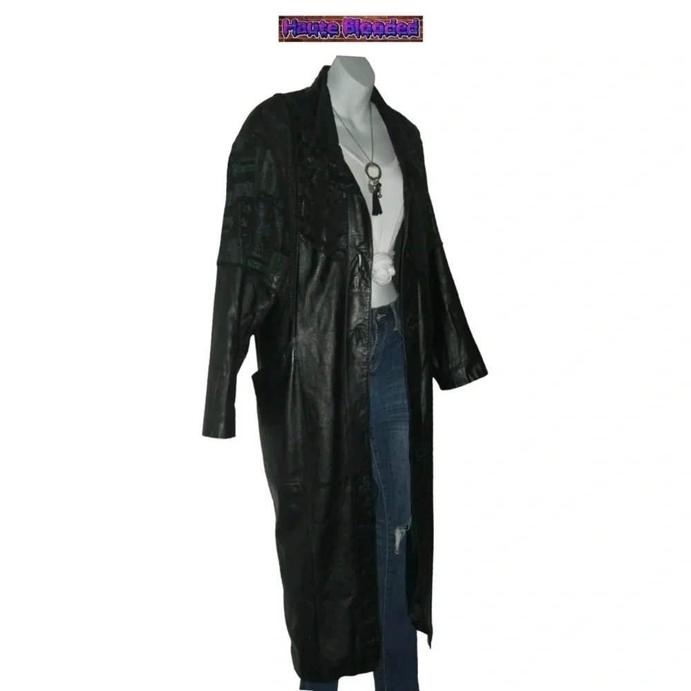 Vintage 90's Long Black Leather Trench Coat Holographic Boho Print Floor Length - Picture 5 of 15